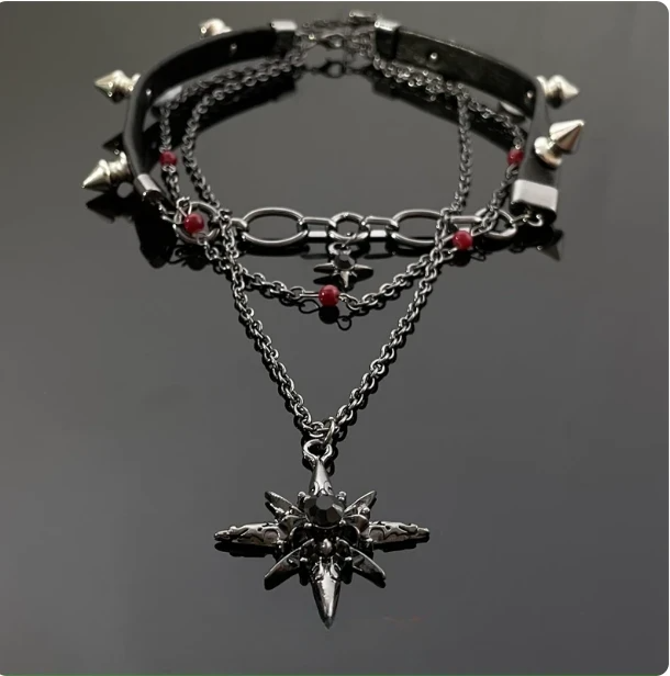 Punk Multi-layer Star Choker | Black Leather Spike Necklace