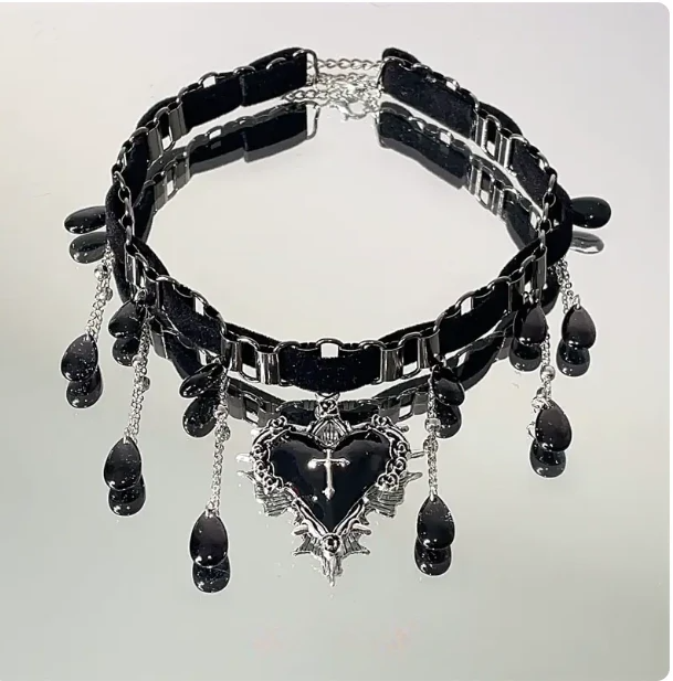 Gothic Velvet Heart Cross Choker | Red/Black Tassel Necklace