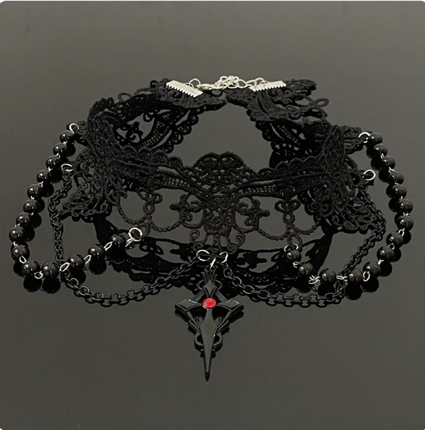 Gothic Black Lace Choker | Red Gem Cross Pendant Necklace