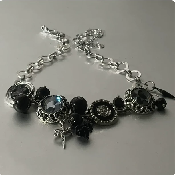 Y2K Punk Button Star Choker | Black Beaded Gothic Necklace