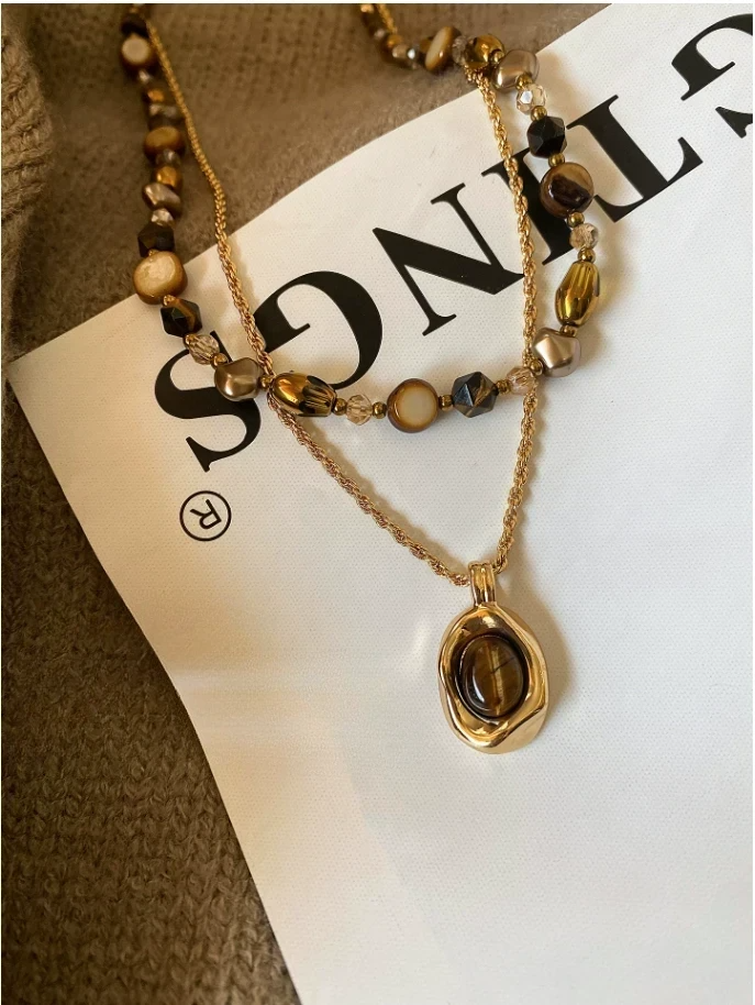 2-Layer Tiger Eye Necklace | Beaded & Gold Chain